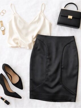 Black Faux Satin Pencil Skirt with Curved Paneling